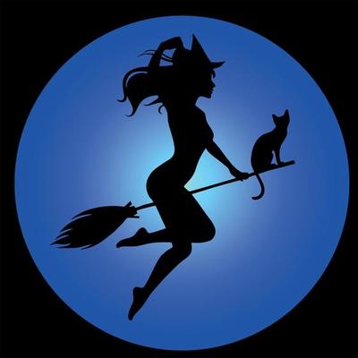 Black silhouette of a beautiful glamour witch flying on a broomstick. Halloween illustration.