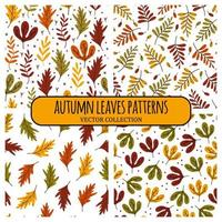 Bright autumn leaves collection of seamless vector patterns. Hand drawn branches of forest, field, meadow trees. Wild, garden herbs, flowers, plants. Flat cartoon style. Backdrops for textiles, web