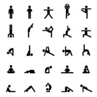 conjunto de iconos haciendo ejercicios de yoga. estirándose y relajándose en muchas posturas de yoga diferentes. vector