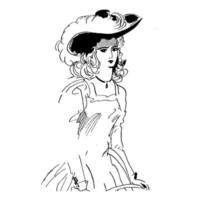 retro style woman in hat with feathers ink sketch. Fashion illustration vector