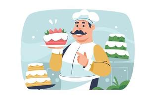 Patissier Character Showing His Strawberry Cake vector