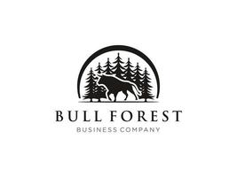 Angus Cow Cattle Buffalo Bull Silhouette at Pine Fir Conifer Evergreen Tree Forest logo design. Usable for Business and Branding Logos. Flat Vector Logo Design Template Element.