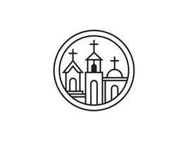 Image of 3 churches inside the frame with line art style logo design inspiration. Usable for Business and Branding Logos. Flat Vector Logo Design Template Element.