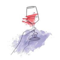 glass of wine in hands continuous line art watercolor paint purple blue 14 february valentines day celebrate card design logo pub party restaurant vector