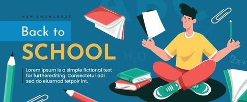Back to school banner. Concentration on learning. A young guy sits in a lotus position with a pencil and a blank sheet.The concept of learning and self-education. vector