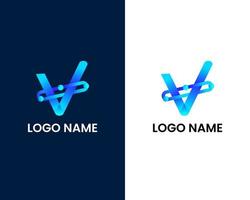 letter v with tech modern logo design template vector