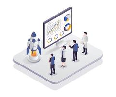 Startup business group people launching a rocket. Isometric design concept startup business group people launching a rocket
