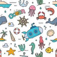 Ocean doodle seamless pattern background vector illustration