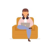 Happy person using laptop for working through internet at home vector illustration