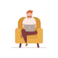 Happy person using laptop for working through internet at home vector illustration