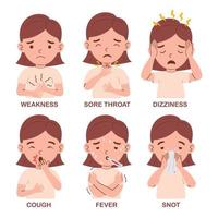 Flu disease and symptom on kid girl character vector illustration