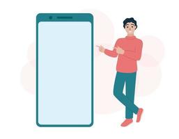 Mobile phone template. Man standing and pointing at big blank smartphone screen. Empty cellphone display with copy space. Flat vector illustration