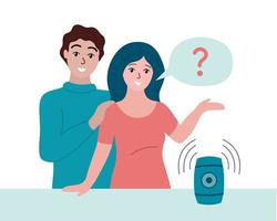 Smart speaker device at home. Family couple talking with voice assistant. Woman asking question to smart speaker gadget. People and device. Flat vector illustration