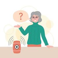 Smart speaker technology. Person and device. Elderly woman asks question to smart speaker gadget. Voice assistant. Flat vector illustration