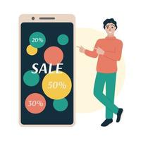 Sale advertising in mobile phone. Man standing and pointing at big smartphone screen. Cellphone display with text Sale, percents. Flat vector illustration