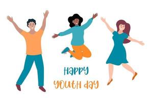 celebración del día de la juventud. jóvenes felices saltando y sonriendo. niñas y hombres celebrando el día internacional de la juventud el 12 de agosto. afiche vectorial plano, pancarta, ilustración de tarjetas de felicitación vector