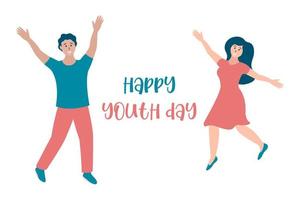 Youth day celebration. Happy young people together jumping and smiling. Girl and guy celebrating International Youth Day August 12. Flat vector poster, banner, greeting card illustration