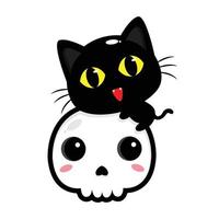 cute black cat hugging skull head