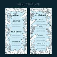 Floral wedding Menu template in hand drawn doodle style, invitation card design with line flowers and leaves, dots. Vector decorative frame on white and blue background.