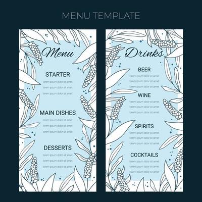 Floral wedding Menu template in hand drawn doodle style, invitation card design with line flowers and leaves, dots. Vector decorative frame on white and blue background.