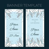 Floral wedding vertical banner template in hand drawn doodle style, invitation card design with line flowers and leaves, dots. Vector decorative frame on white and blue background.