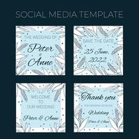 Floral wedding square social media template in hand drawn doodle style, invitation card design with line flowers and leaves, dots. Vector decorative frame on white and blue background.