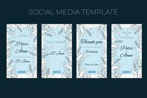 Floral wedding vertical social media template in hand drawn doodle style, invitation card design with line flowers and leaves, dots. Vector decorative frame on white and blue background.