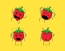 colección de lindos personajes de dibujos animados de tomate con expresiones mareadas. adecuado para emoticonos, logotipos, símbolos y mascotas vector