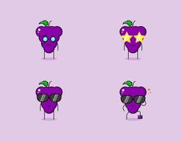 colección de lindo personaje de dibujos animados de uva con expresión seria, sonrisa y anteojos. adecuado para emoticonos, logotipos, símbolos y mascotas. como emoticono, pegatina o logotipo de fruta vector