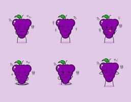 colección de lindo personaje de dibujos animados de uva con expresión de pensamiento. adecuado para emoticonos, logotipos, símbolos y mascotas. como emoticono, pegatina o logotipo de fruta vector