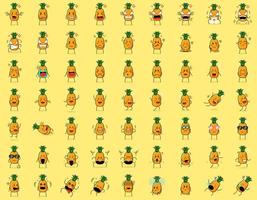 collection of cute pineapple cartoon character with angry expression, thinking, crying, sad, confused, flat, happy, scared, shocked, dizzy, hopeless, sleeping. suitable for emoticon and mascot vector