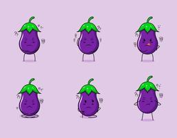 collection of cute eggplant cartoon character with thinking expression. suitable for emoticon, logo, symbol and mascot. such as emoticon, sticker or vegetable logo vector