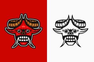 red demon head with two horns, long ears, bulging eyes and fangs. color and line art style. suitable for mascot, logo, symbol and t-shirt design vector