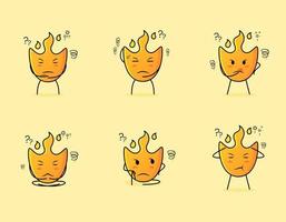 colección de lindos personajes de dibujos animados de fuego con expresión de pensamiento. adecuado para icono, logotipo, símbolo y signo. como emoticono, pegatina, mascota o logotipo de elemento vector