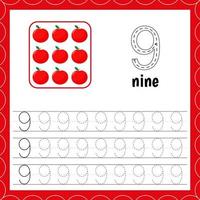 Cards with numbers for children. Trace the line. For kids learning to count and to write. Number nine. Apple vector