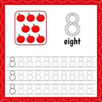 Cards with numbers for children. Trace the line. For kids learning to count and to write. Number eight. Apple vector