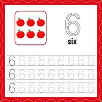 Cards with numbers for children. Trace the line. For kids learning to count and to write. Number six. Apple vector
