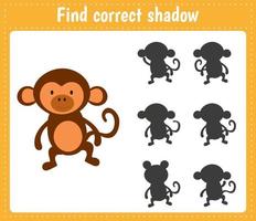 Find the correct shadow Monkey. Educational matching game for kids. Logic Games for Kids. vector