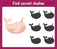 Find the correct shadow Narwhal. Educational matching game for kids. Logic Games for Kids. vector