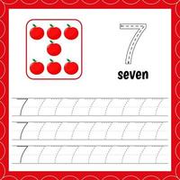 Cards with numbers for children. Trace the line. For kids learning to count and to write. Number seven. Apple vector