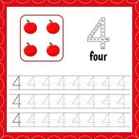 Cards with numbers for children. Trace the line. For kids learning to count and to write. Number four. Apple vector