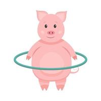 A cute pig is spinning a hula hoop. Sport motivation. vector