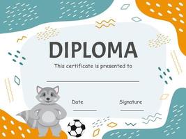 Football player diploma vector template. Sports award border design with cute raccoon and football for little kids. Sports team templete award for children. Football player in children team.