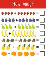 How many counting game with different fruit for kids. Mathematics educational game for children. Learning subtraction worksheet for kids, counting activity. Vector cards for learning multiplication.