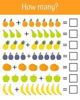 Learning multiplication. Preschool reschool and school worksheet activity, count and write the result. Worksheet for school kids. Maths game with fruits for children, easy level, education game. vector
