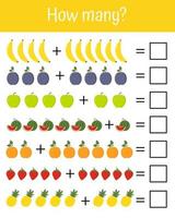 Mathematics educational how many game for children. Advanced level. Learning multiplication. Preschool reschool and school worksheet activity, count and write the result, vector illustration.