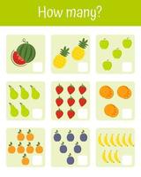 How many counting game with different fruit for kids. Mathematics educational game. Preschool worksheet activity. How many. Useful games for preschool and kindergarten. Learning multiplication. vector