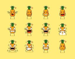 collection of cute pineapple cartoon character with angry expressions. suitable for emoticon, logo, symbol and mascot vector