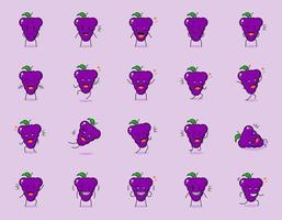 collection of cute grape cartoon character with happy and smile expression. suitable for emoticon, logo, symbol and mascot. such as emoticon, sticker or fruit logo vector