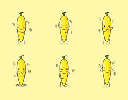 Set of cute banana cartoon character with thinking expression. suitable for emoticon, logo, symbol and mascot vector